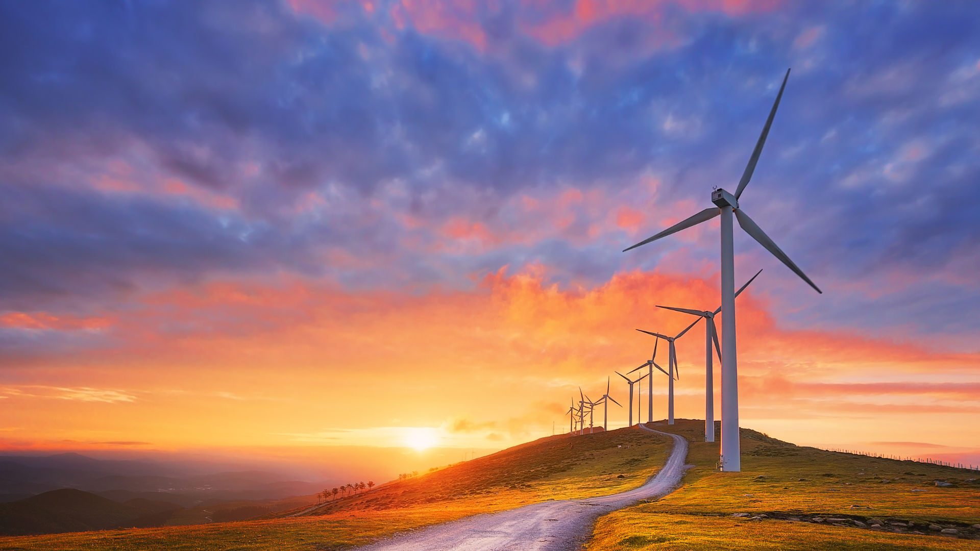 Éoliennes installées sur une colline au coucher du soleil, illustrant la production d’électricité renouvelable d’origine éolienne.