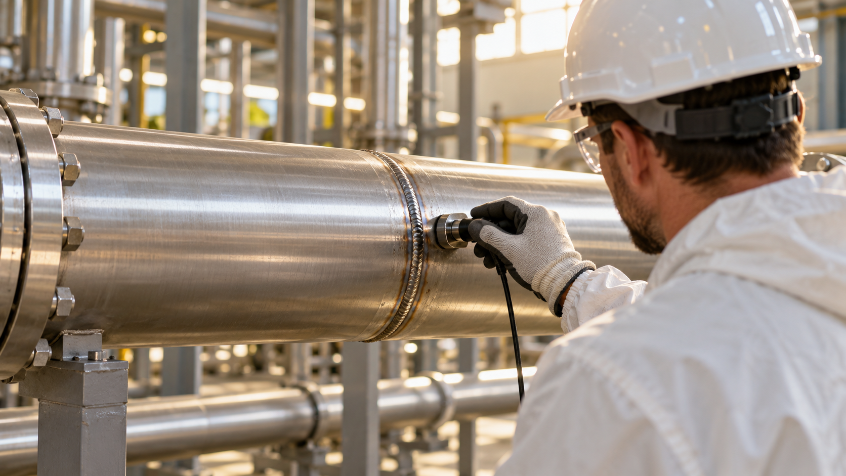 Technicien en équipement de protection contrôlant une soudure de tuyauterie en acier à l’aide d’une sonde à ultrasons