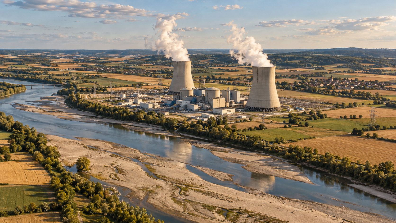 Vue aérienne d'une centrale nucléaire avec deux tours de refroidissement en fonctionnement, au bord d'un fleuve aux eaux basses laissant apparaître des bancs de sable