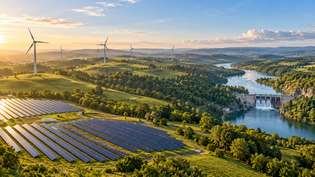 Paysage vallonné réunissant éoliennes, centrale solaire photovoltaïque et barrage hydroélectrique sur une rivière, au lever du soleil