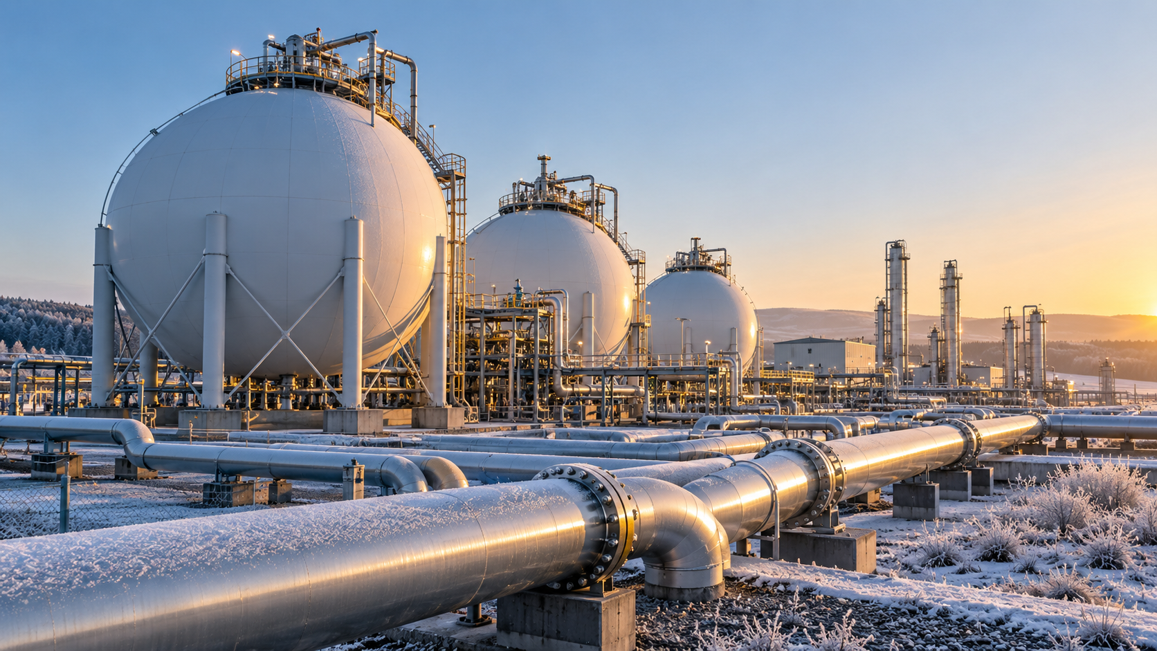 Site de stockage de gaz avec trois cuves sphériques blanches et des canalisations givrées au lever du soleil