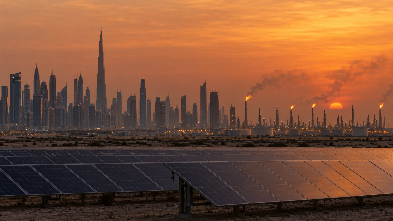 Champ de panneaux solaires au premier plan face à la skyline de Dubaï et à une raffinerie pétrolière aux torchères allumées, au coucher du soleil