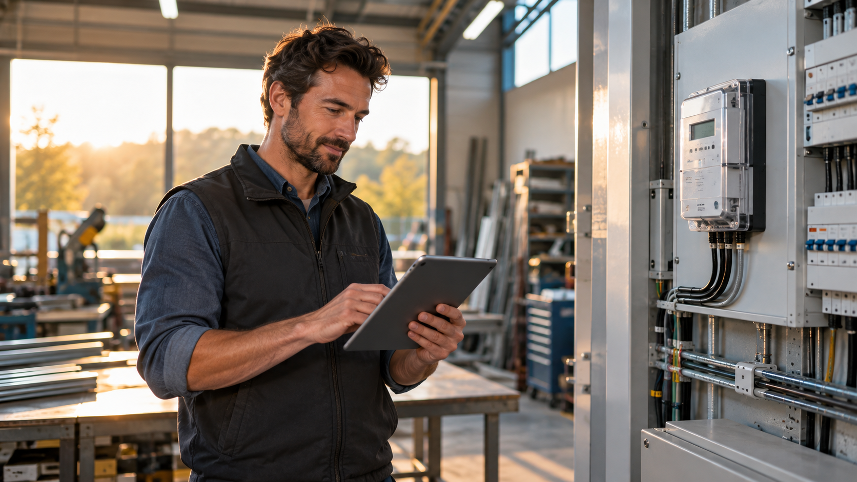 Gérant de PME consultant une tablette devant le compteur et le tableau électrique de son atelier