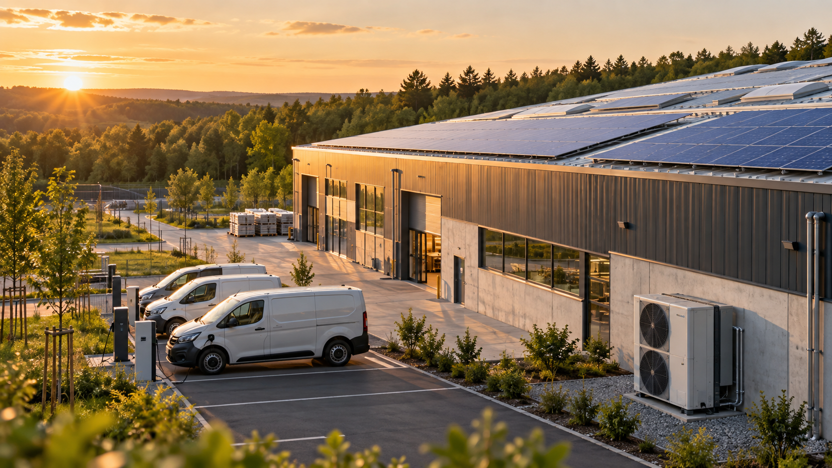 Site industriel avec panneaux solaires en toiture, utilitaires électriques en recharge et pompe à chaleur, au coucher du soleil
