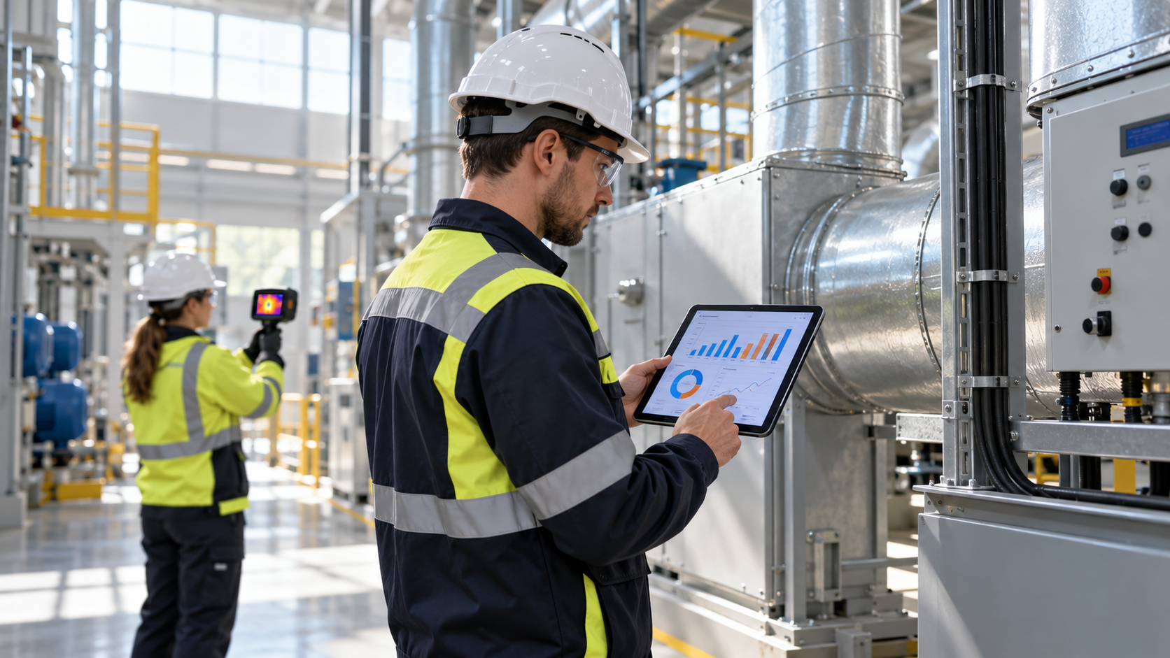 Audit énergétique en entreprise : technicien analysant des données sur tablette, collègue utilisant une caméra thermique
