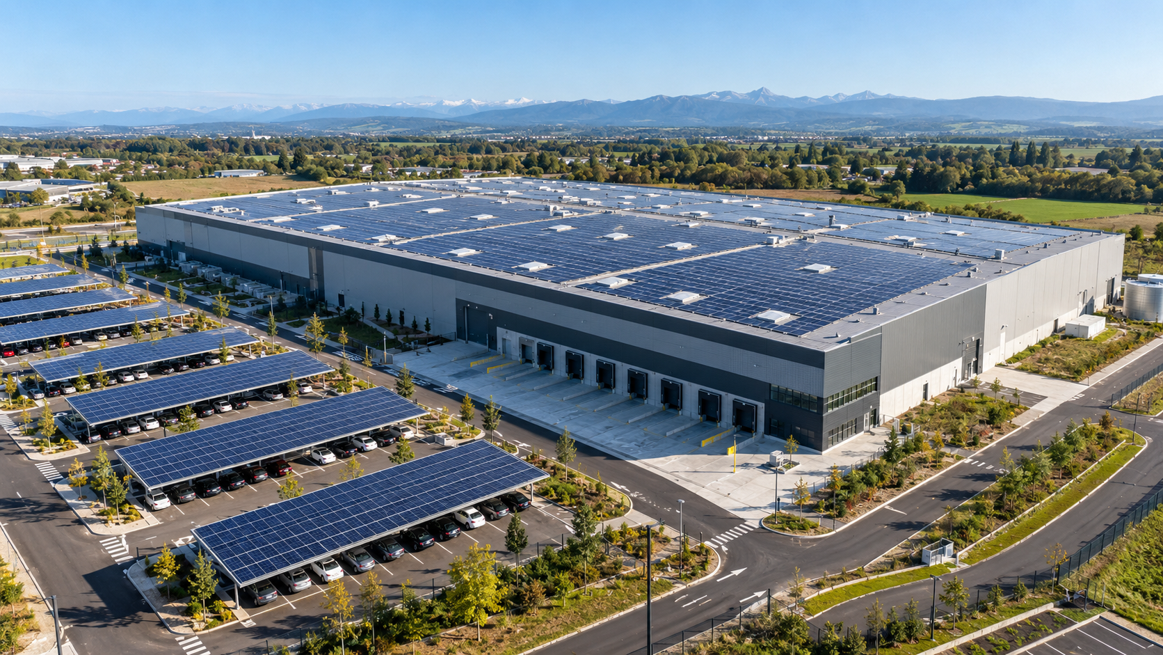 Vue aérienne d'un entrepôt logistique avec panneaux solaires en toiture et parking équipé d'ombrières photovoltaïques