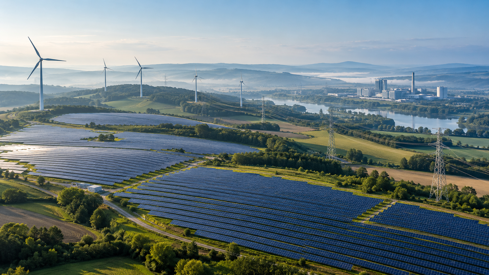 Vue aérienne d'une centrale solaire et d'éoliennes reliées par des lignes haute tension à un site industriel au bord d'un lac
