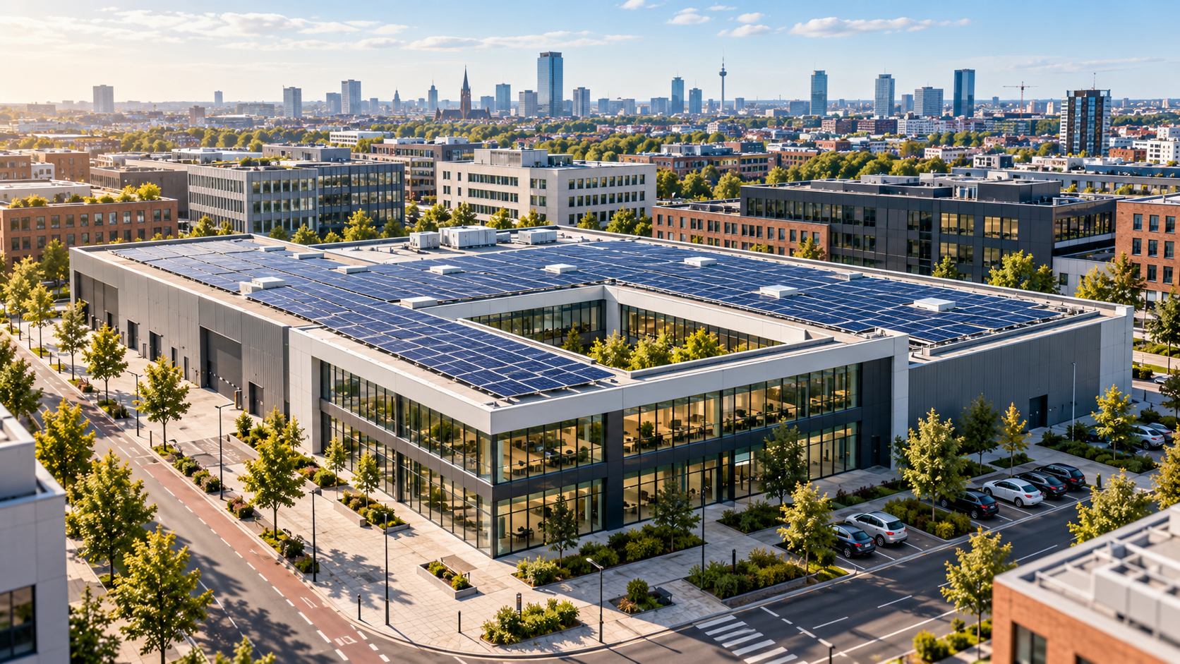 Vue aérienne d’un bâtiment d’entreprise moderne en ville, dont le toit plat est couvert de panneaux photovoltaïques