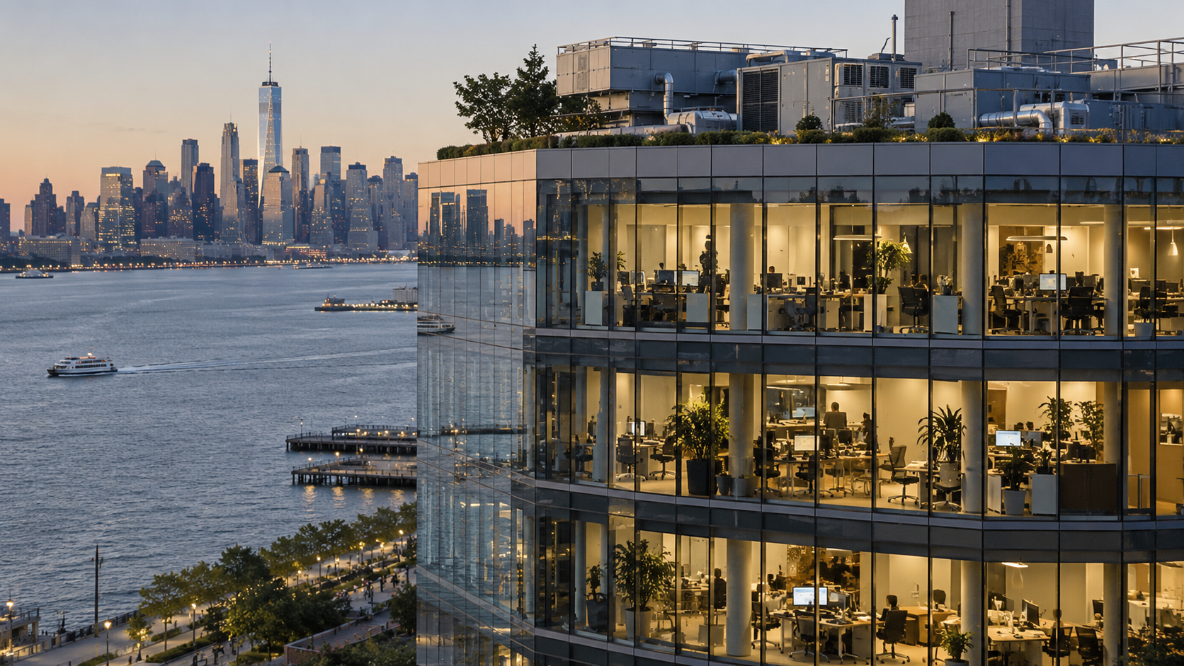 Immeuble de bureaux vitré éclairé au crépuscule, avec des équipements de chauffage, ventilation et climatisation sur le toit, face à un fleuve et une skyline urbaine