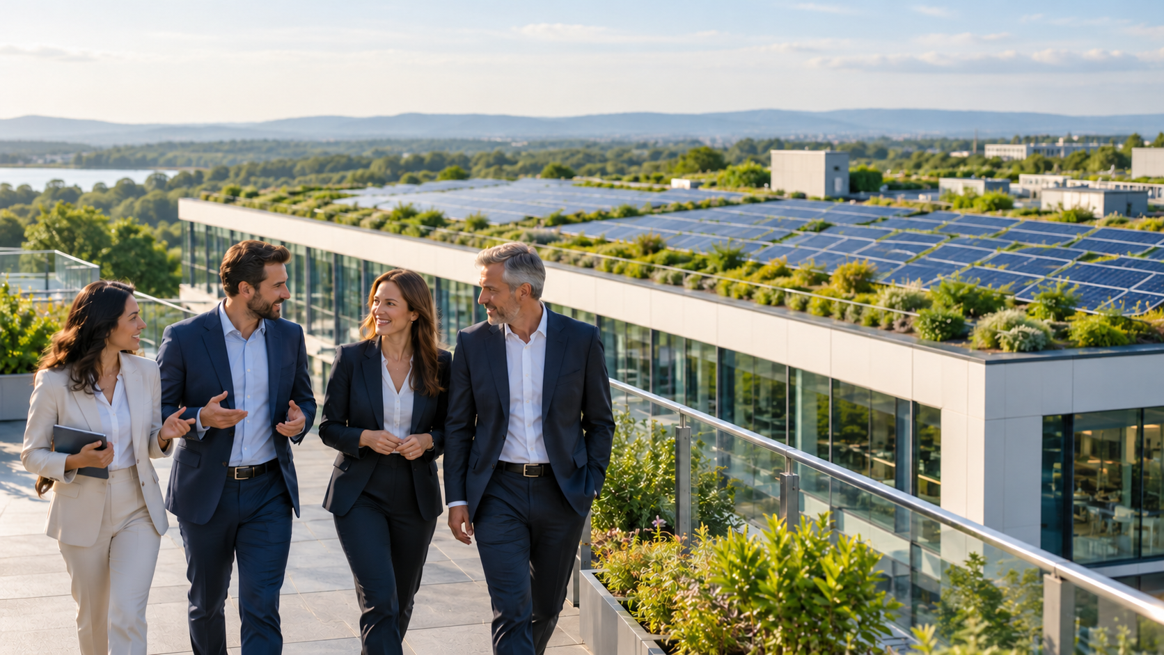 Quatre collaborateurs en tenue professionnelle discutent sur la terrasse d’un bâtiment tertiaire doté d’une toiture végétalisée et de panneaux solaires
