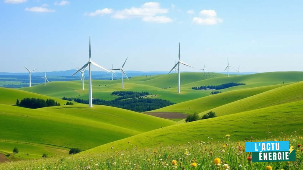 Champ d'éoliennes produisant de l'électricité d'origine renouvelable