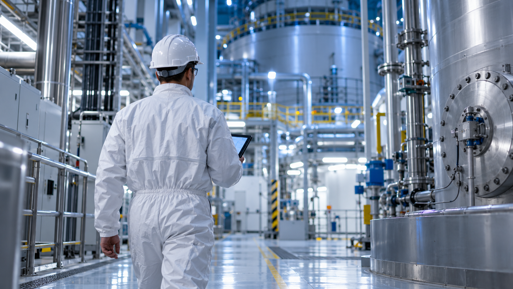 Inspecteur en combinaison de protection et casque blanc consultant une tablette dans une centrale nucléaire