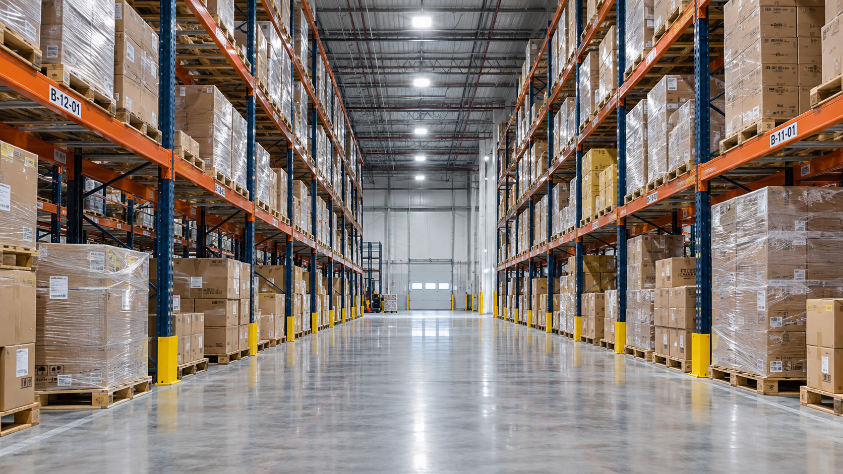 Allée d'entrepôt logistique avec racks de stockage et éclairage LED au plafond