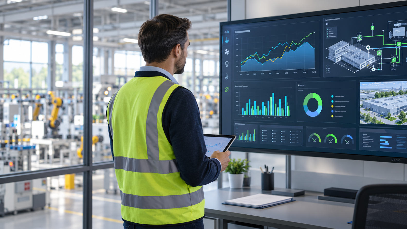 Responsable énergie consultant un tableau de bord de supervision des consommations électriques dans un site industriel