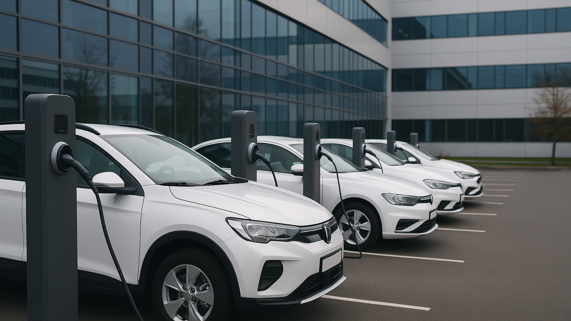 Voitures électriques blanches d'une flotte d'entreprise en recharge sur des bornes,