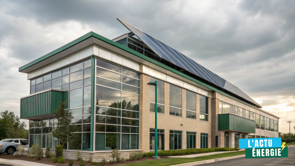 Bâtiment tertiaire équipé de panneaux solaires illustrant des travaux d’efficacité énergétique éligibles aux CEE