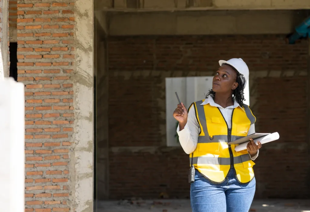 Professionnelle du bâtiment inspectant un chantier, illustrant le contrôle des travaux de rénovation énergétique