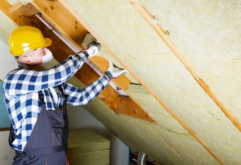 Artisan posant un isolant dans les combles, illustrant la rénovation performante d’un bâtiment résidentiel