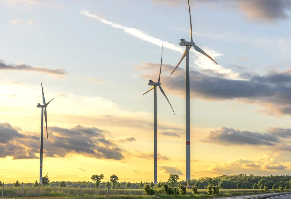Éoliennes au coucher du soleil, illustrant la production d’électricité renouvelable d’origine éolienne