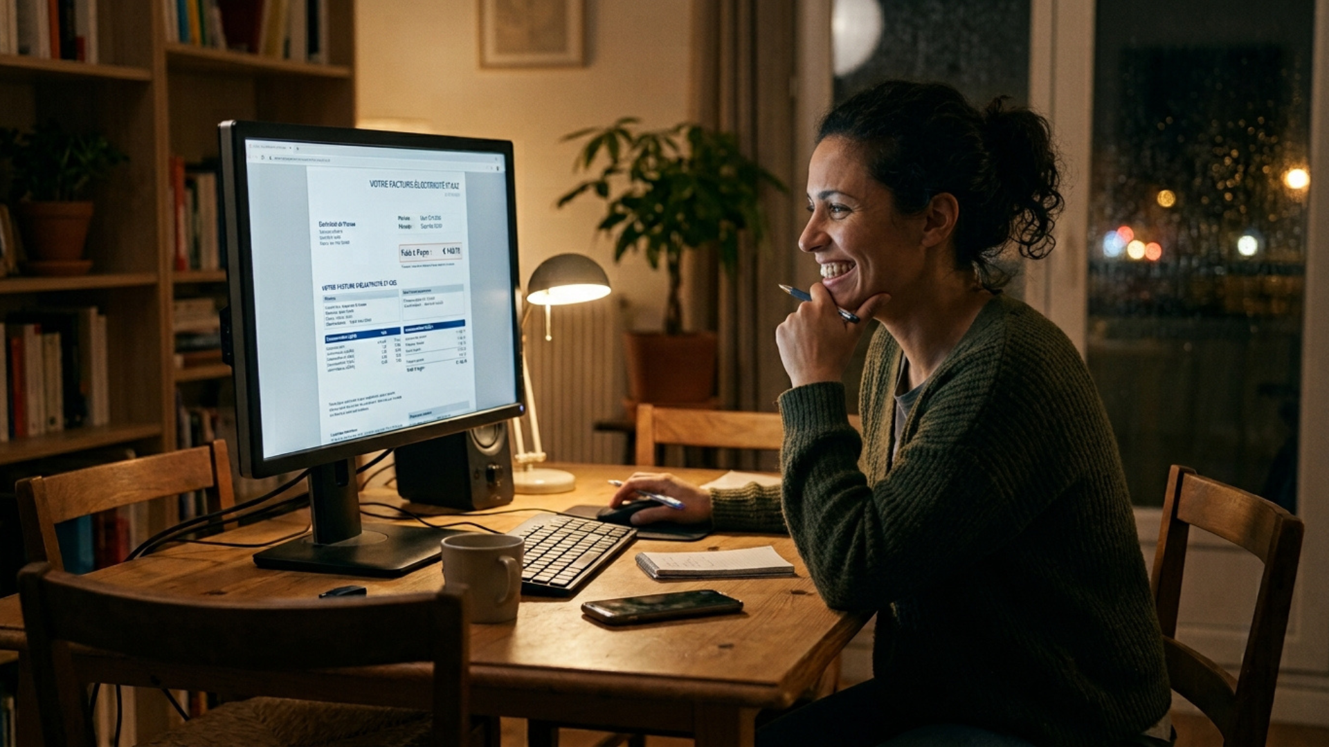 Personne consultant une facture d'énergie au format électronique sur un écran d'ordinateur
