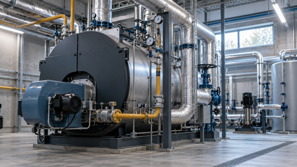 Chaudière à brûleur alimentée au gaz dans une chaufferie industrielle, avec canalisations calorifugées et vannes