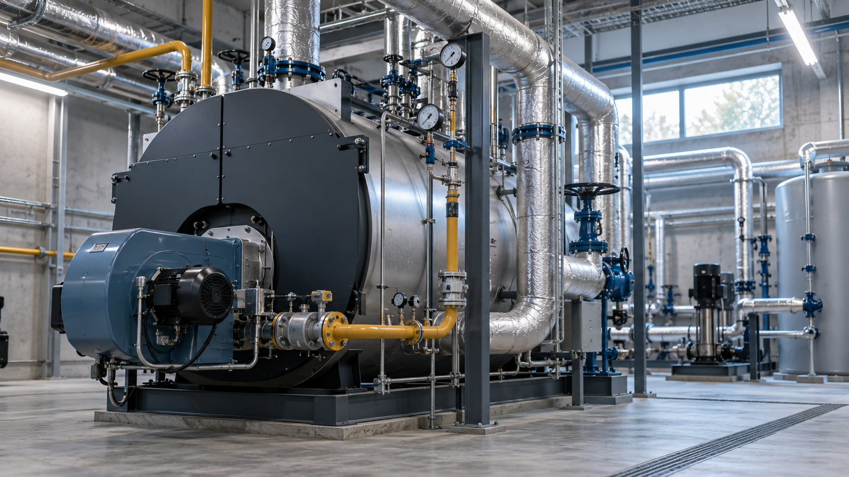 Chaudière à brûleur alimentée au gaz dans une chaufferie industrielle, avec canalisations calorifugées et vannes