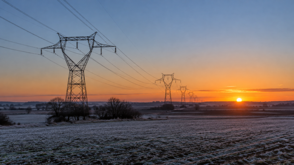 Pylônes et lignes haute tension au coucher du soleil au-dessus d'un champ givré en hiver