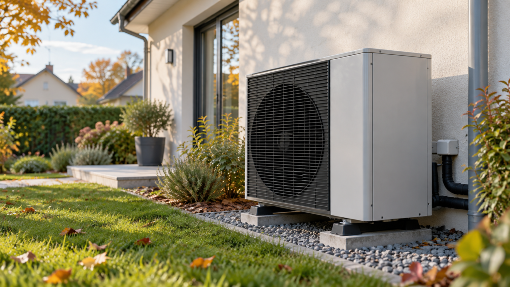 Pompe à chaleur air-eau installée sur un socle en béton contre le mur d'une maison individuelle, dans un jardin en automne