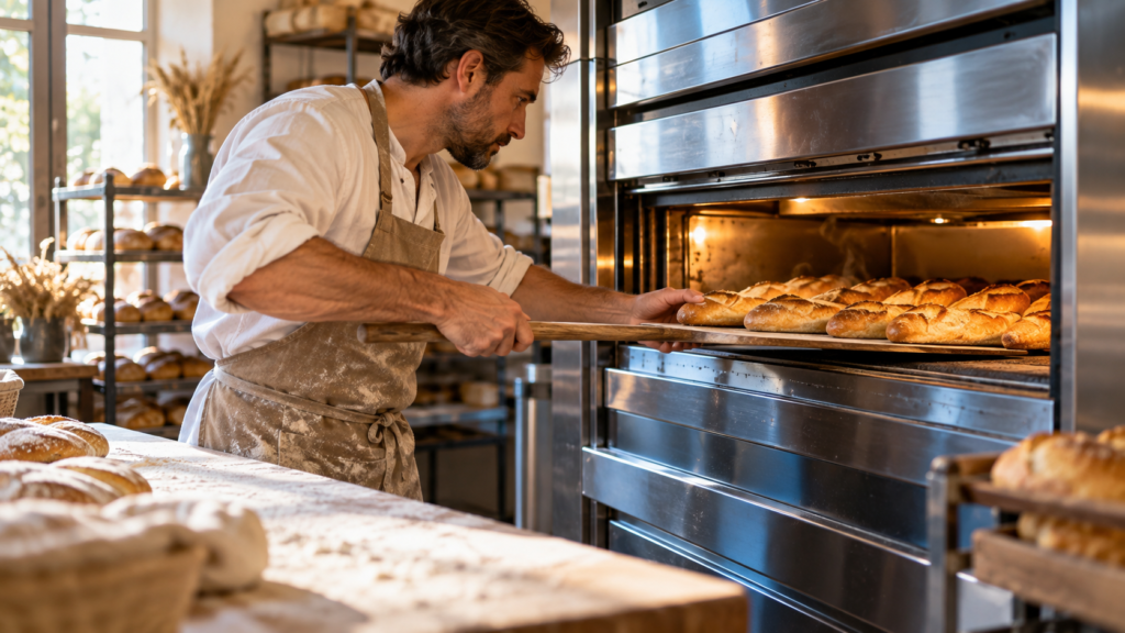 Artisan boulanger enfournant des baguettes avec une pelle en bois dans un four à soles en inox