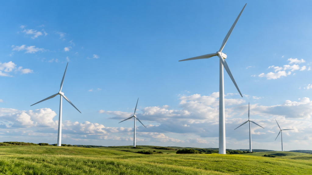 Cinq éoliennes blanches sur des collines verdoyantes sous un ciel bleu nuageux, produisant de l'électricité verte