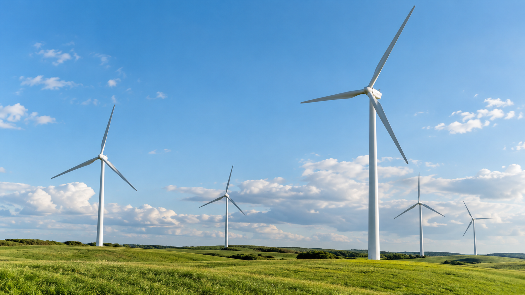Cinq éoliennes blanches sur des collines verdoyantes sous un ciel bleu nuageux, produisant de l'électricité verte