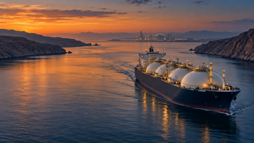 Méthanier transportant du gaz naturel liquéfié dans un détroit bordé de côtes rocheuses au coucher du soleil, avec un terminal gazier illuminé en arrière-plan
