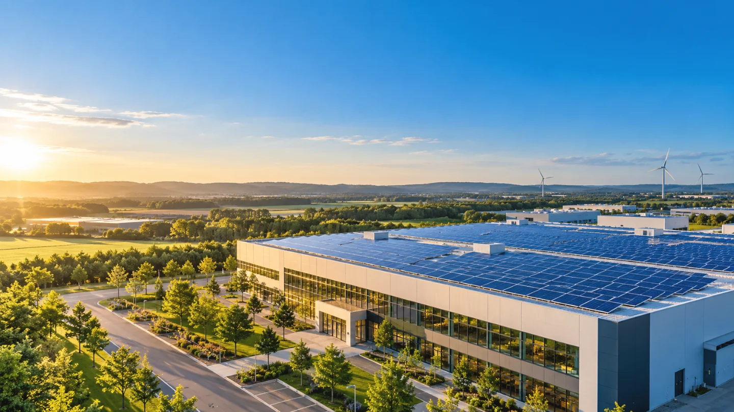Bâtiment industriel équipé de panneaux solaires en toiture, avec des éoliennes à l'horizon au coucher du soleil