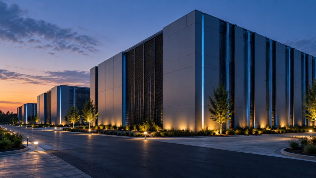 Campus de data centers au crépuscule, bâtiments aux façades grises avec éclairage LED bleu et grilles de ventilation