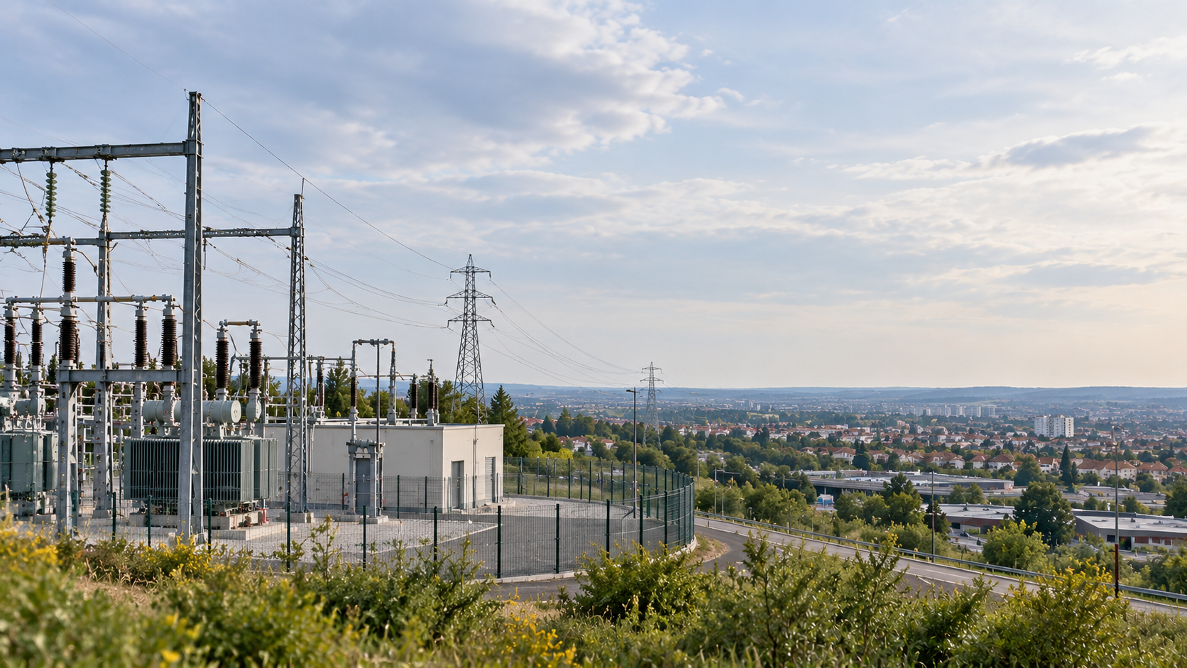Poste électrique haute tension avec transformateurs et pylônes, dominant une zone résidentielle sous un ciel nuageux