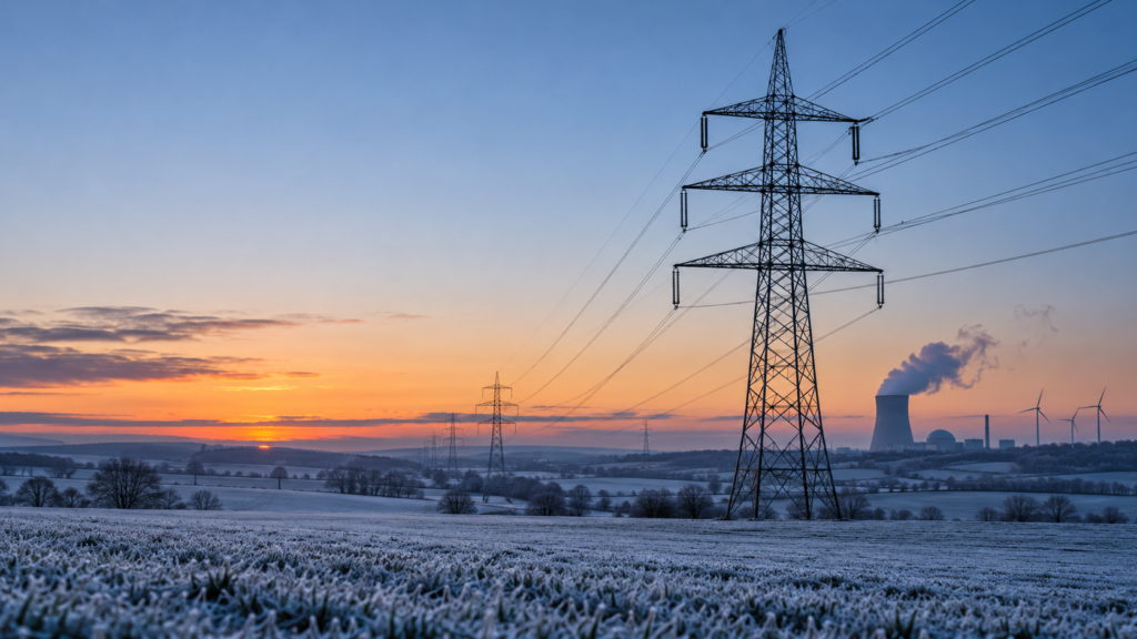 Pylône à haute tension dans un champ givré au lever du soleil, avec en arrière-plan une centrale nucléaire et des éoliennes