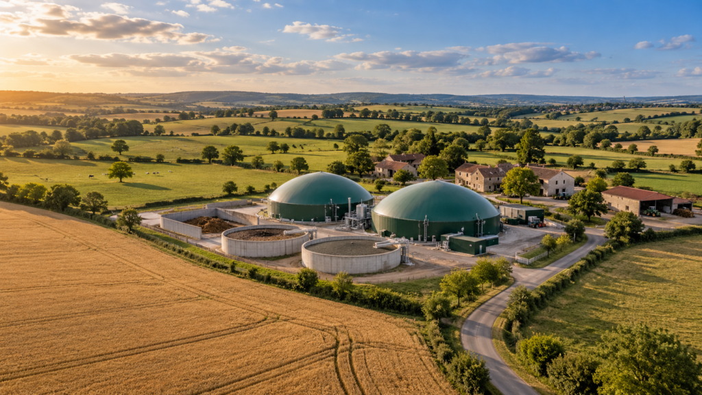 Vue aérienne d’un méthaniseur agricole avec deux digesteurs à dôme vert et des fosses de stockage, entouré de champs et de bâtiments de ferme