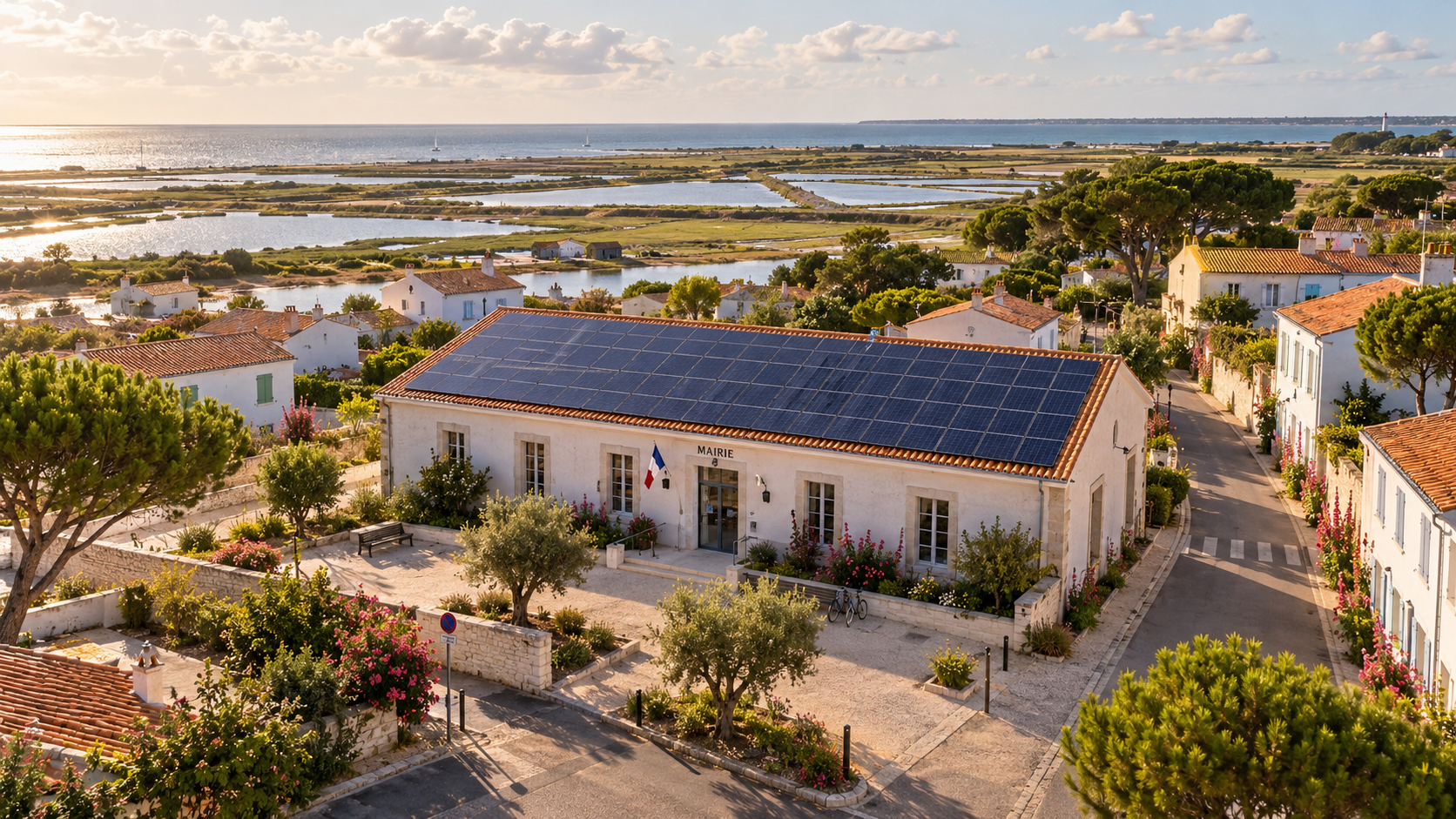 Mairie équipée de panneaux solaires sur sa toiture, au bord des marais et de la mer
