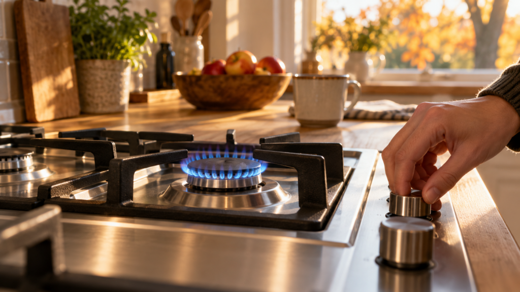 Main réglant le bouton d'une gazinière allumée à flamme bleue, dans une cuisine éclairée par une lumière d'automne