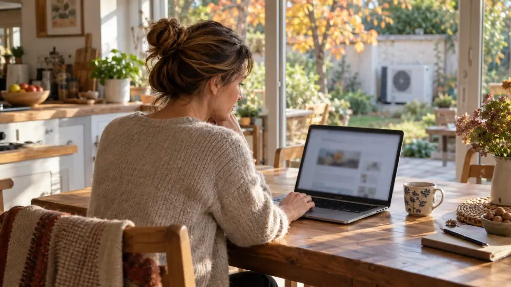 Femme consultant une page web sur son ordinateur portable dans une cuisine, avec une pompe à chaleur visible dans le jardin en automne