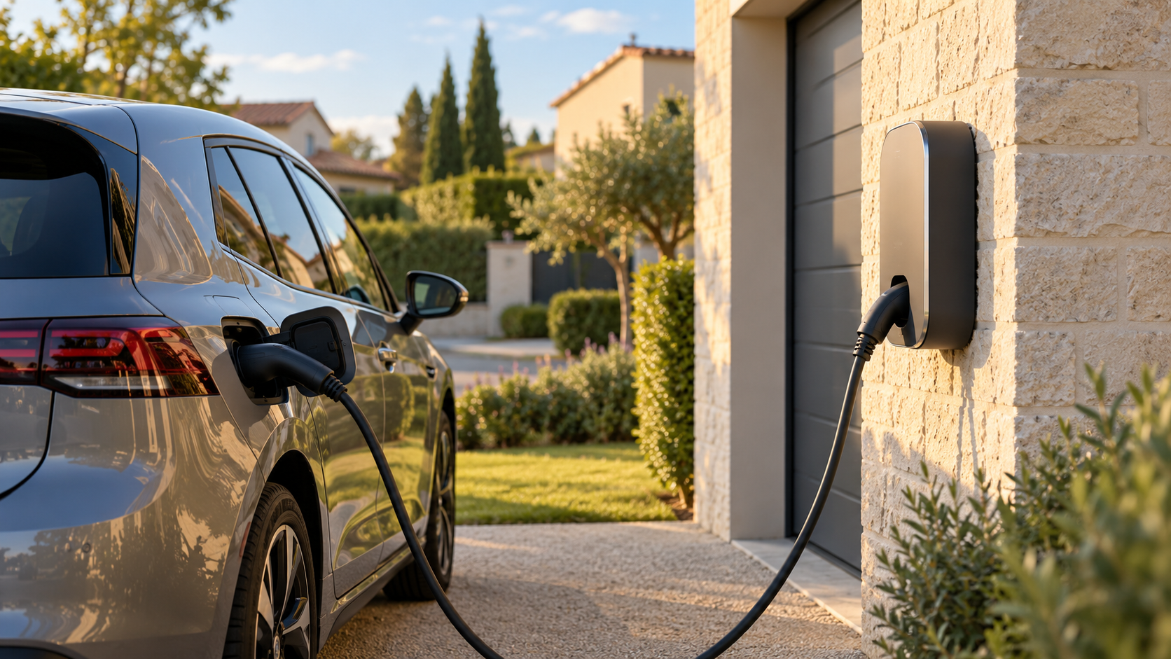 Voiture électrique grise en charge, branchée à une borne de recharge murale fixée sur la façade en pierre d’une maison individuelle, à côté de la porte de garage