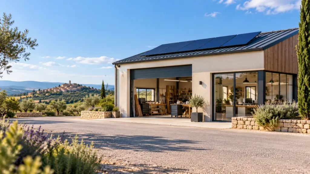 Panneaux solaires installés sur la toiture en bac acier d’un atelier professionnel avec bureaux vitrés, dans un paysage provençal