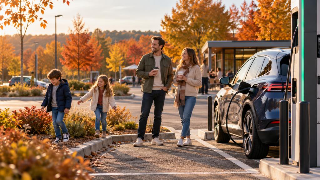 Famille faisant une pause café pendant la recharge de sa voiture électrique sur une aire d’autoroute en automne
