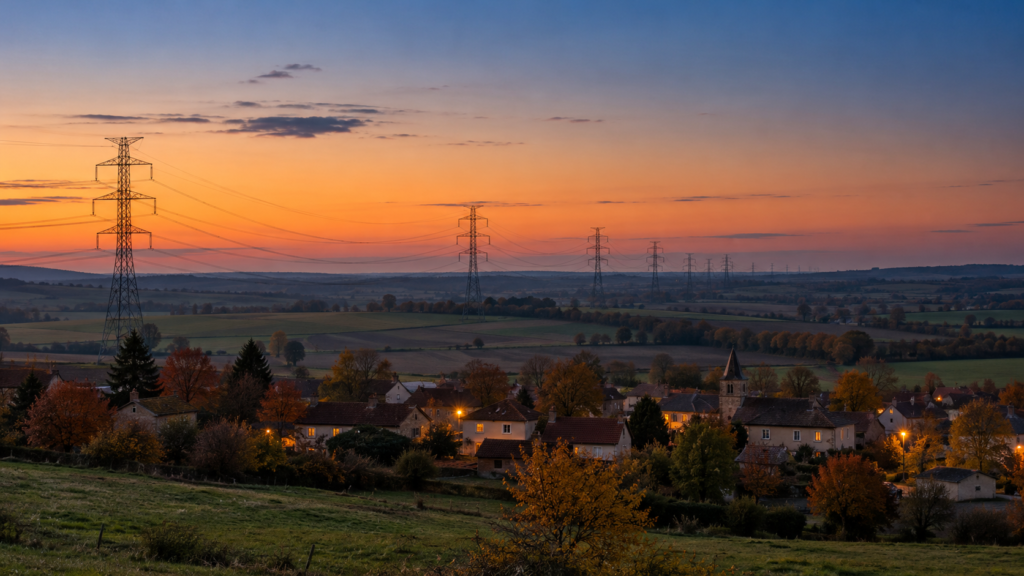 Village de campagne au crépuscule en automne, fenêtres et lampadaires allumés, avec une ligne de pylônes électriques haute tension traversant les champs sous un ciel orangé.
