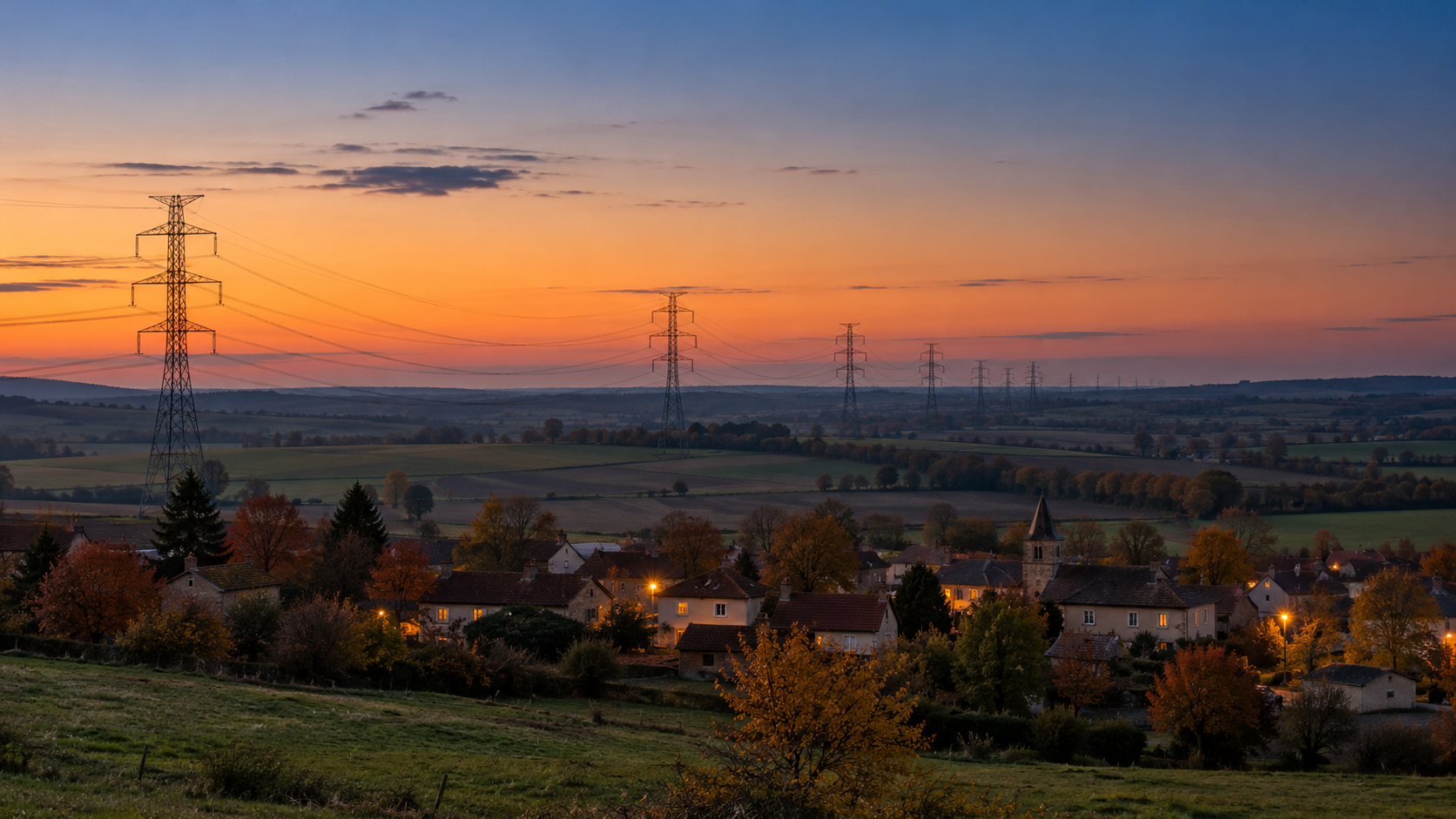 Village de campagne au crépuscule en automne, fenêtres et lampadaires allumés, avec une ligne de pylônes électriques haute tension traversant les champs sous un ciel orangé.