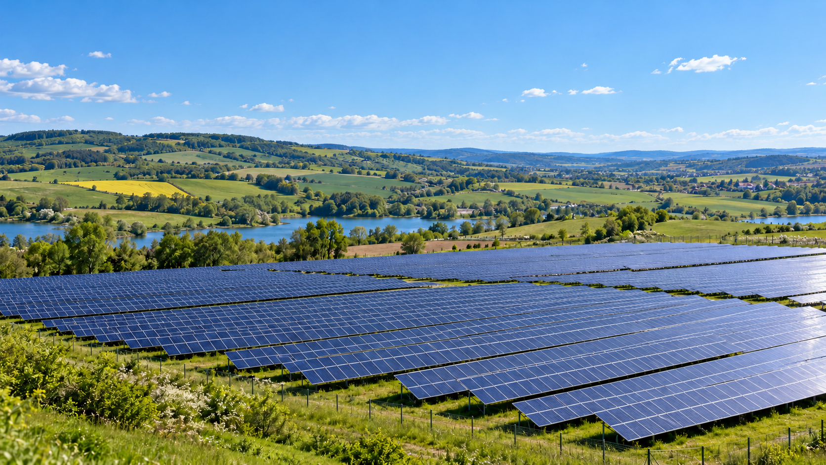 Centrale solaire au sol en pleine campagne, sous un ciel bleu ensoleillé, avec un lac et des collines verdoyantes en arrière-plan