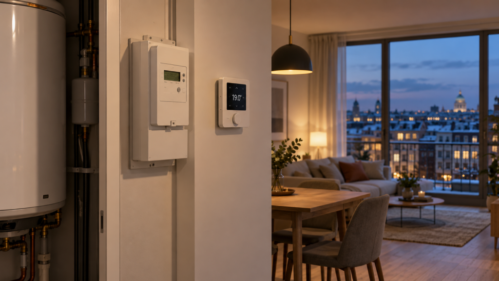 Chauffe-eau électrique, compteur d’électricité et thermostat réglé à 19 °C dans un appartement, avec vue sur une ville enneigée au crépuscule