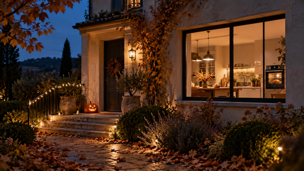 Maison en pierre au crépuscule un soir d'Halloween, avec une citrouille lumineuse sur le perron, une guirlande LED le long de la rampe et une cuisine éclairée où un four est en marche