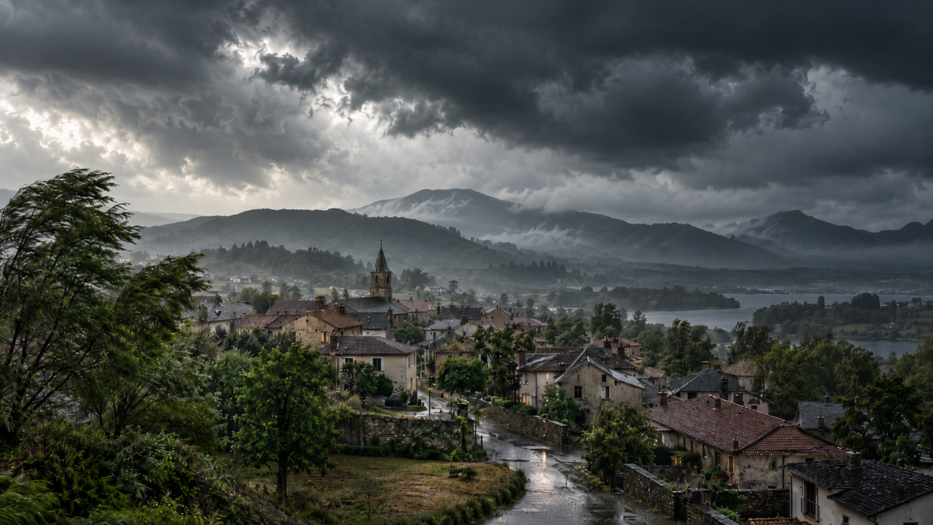 Village sous un ciel de tempête, avec des arbres agités par le vent, une route mouillée et des collines dans la brume en arrière-plan