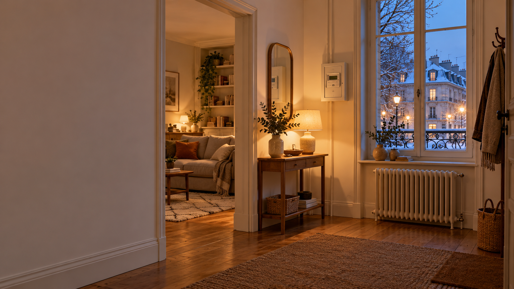 Entrée d’un appartement éclairée par une lampe un soir d’hiver, avec un compteur électrique au mur, un radiateur sous la fenêtre et une rue enneigée à l’extérieur